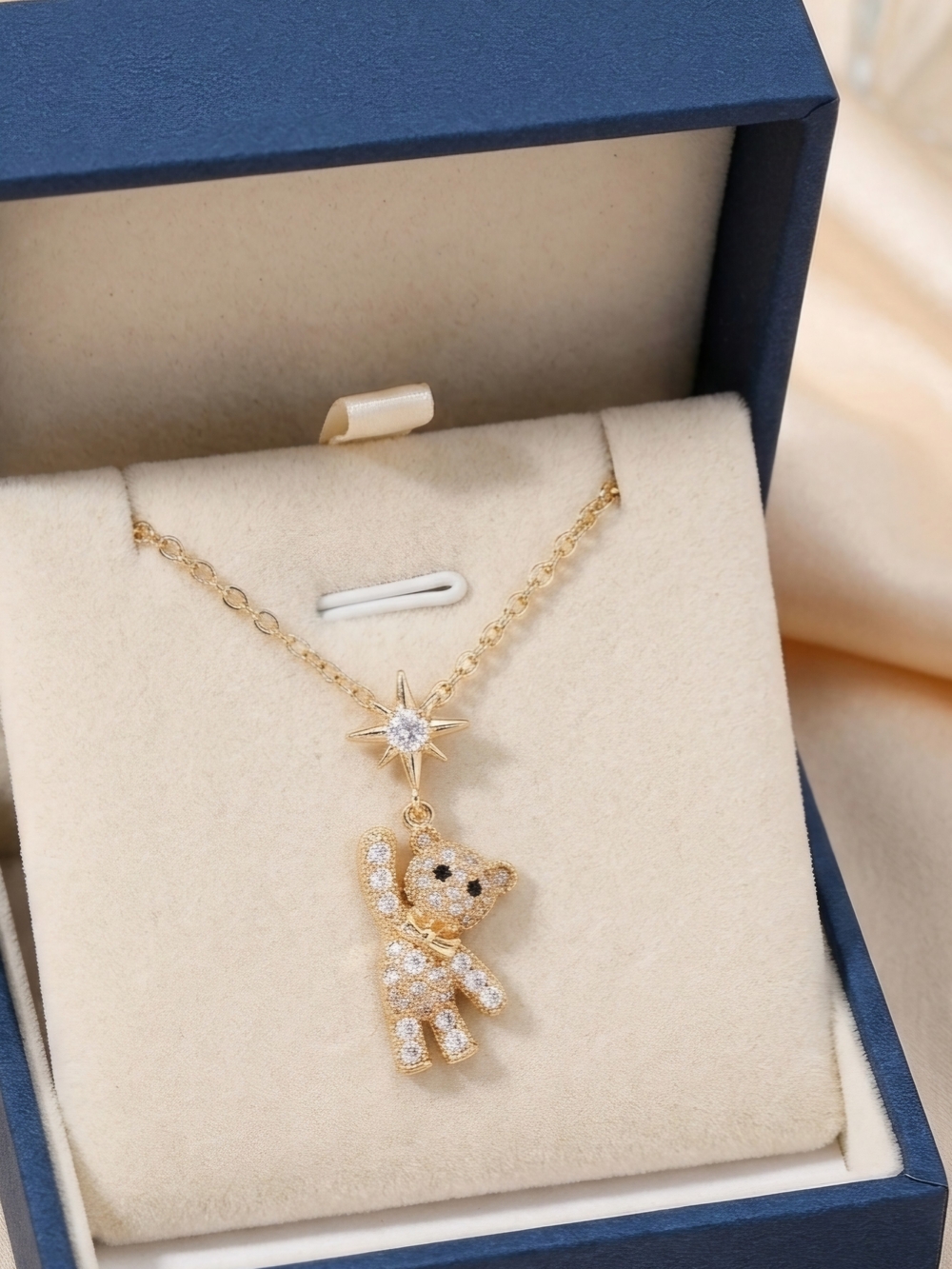 Gold Teddy Bear Star Pendant Necklace - Sparkling Zirconia Accent